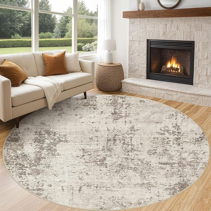 UERMEI 8ft Round Area Rug Living Room Rugs - 8x8 Washable Neutral Modern Abstract Soft Thin Rug Indoor Floor No Slip Rug Carpet for Bedroom Under Dining Table Home Office Decor - Dark Brown