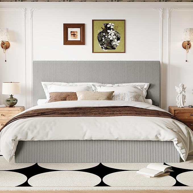 Allewie King Bed Frame, Adjustable Corduroy Headboard, Platform, Grey | Adjustable Headboard, Corduroy Fabric, Low Profile, Wooden Slats, 1000 lb Capacity, No Box Spring Needed