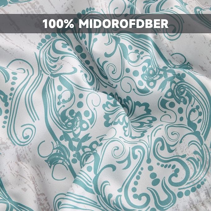 WONGS BEDDING Aqua Comforter Set King Size, Damask Texture 7 Pieces Bed in a Bag Microfiber Bohemian Comforter Bedding Sheet Set with Comforter, Flat Sheet, Fitted Sheet, Pillow Shams, Pillowcases