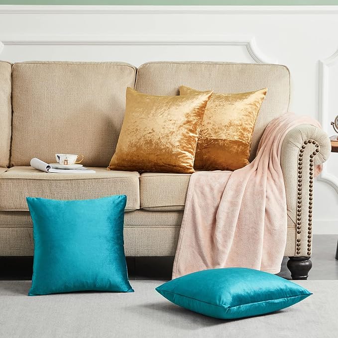 GIGIZAZA Pack of 4 Decorative Velvet Pillow Covers 20x20 Teal Gold | Throw Pillows for Couch Sofa,280gsm Soft Textured Fabric,Modern Accent Pillowcases,Luxury Living Room Cushion Covers
