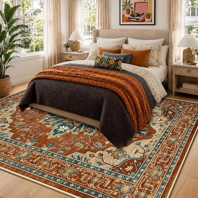 RELEANY Washable Area Rug, 5'x7', Red/Orange/Blue/Brown | Non-Slip, Water Repellent, Pet Friendly, Easy to Clean, Vintage Floral Boho Decor for Living Room Bedroom Dining Room Office