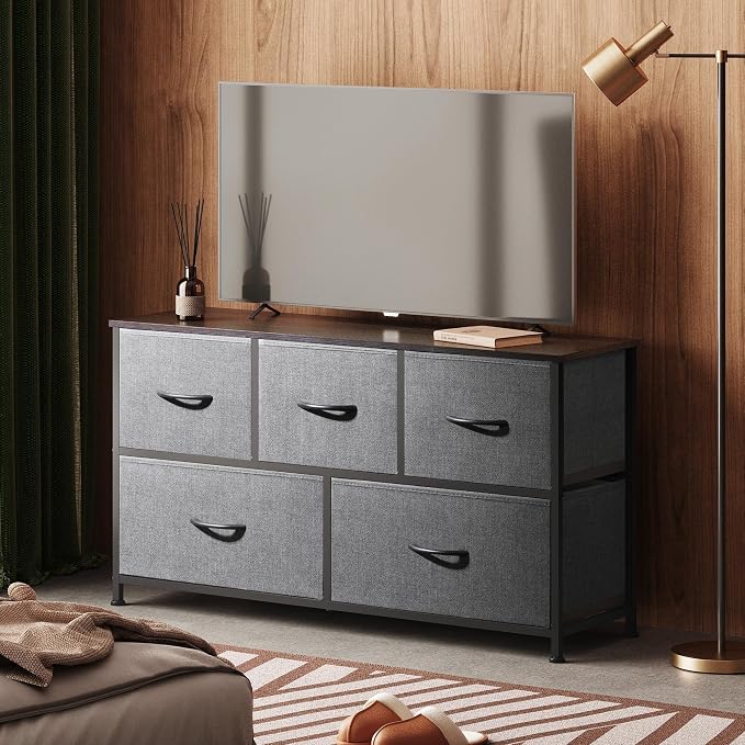 WLIVE Wide Dresser for Bedroom, 5 Drawer Chest of Drawers, Dark Grey | 5 roomy fabric drawers, Wide storage design, Bedroom or closet use, Sturdy steel frame, Smooth wood tabletop