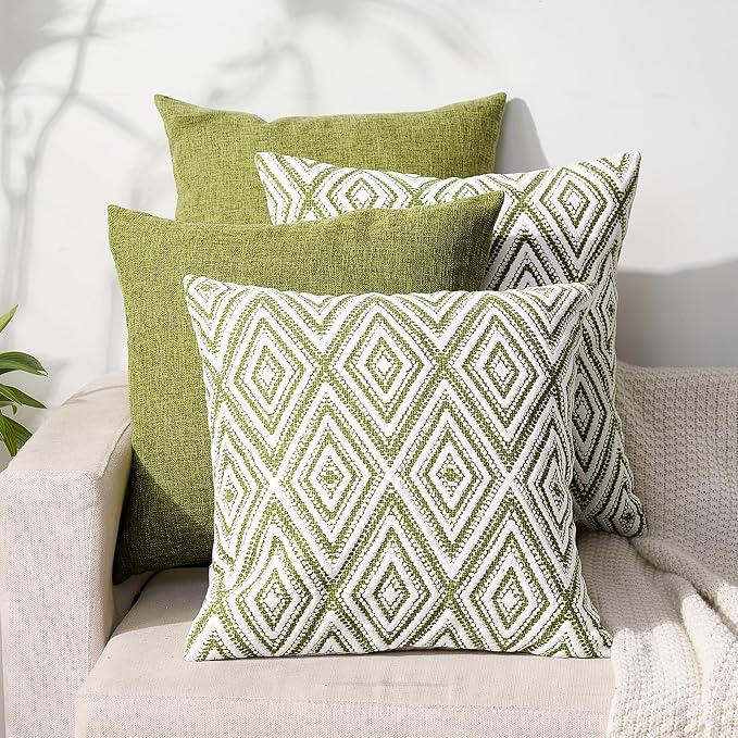HPUK Throw Pillow Covers 20x20, 4 Pack, Green Textured Couch Pillow Covers | Polyester fabric, patterned and solid designs, hidden zippers, machine washable, for sofas and beds, inserts not included