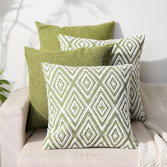 HPUK Throw Pillow Covers 20x20, 4 Pack, Green Textured Couch Pillow Covers | Polyester fabric, patterned and solid designs, hidden zippers, machine washable, for sofas and beds, inserts not included