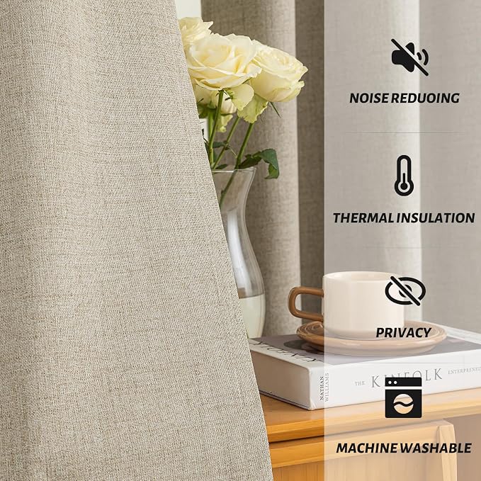 Yakamok Natural Linen Textured Curtains 63 Inches Long for Living Room | 100% Blackout Curtains,Room Darkening Curtains,Thermal Grommet Bedroom Curtain 2 Panels with Greyish White Liner,52W x 63L