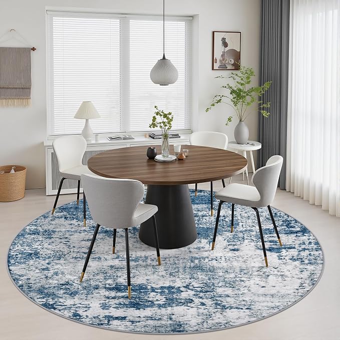 Round Area Rug Living Room: 8 ft Modern Washable Carpet Blue | For Bedroom Dining Room Farmhouse Nursery Hallway Office,Modern Abstract,Machine washable,Non-Slip,Stain Resistant,Indoor