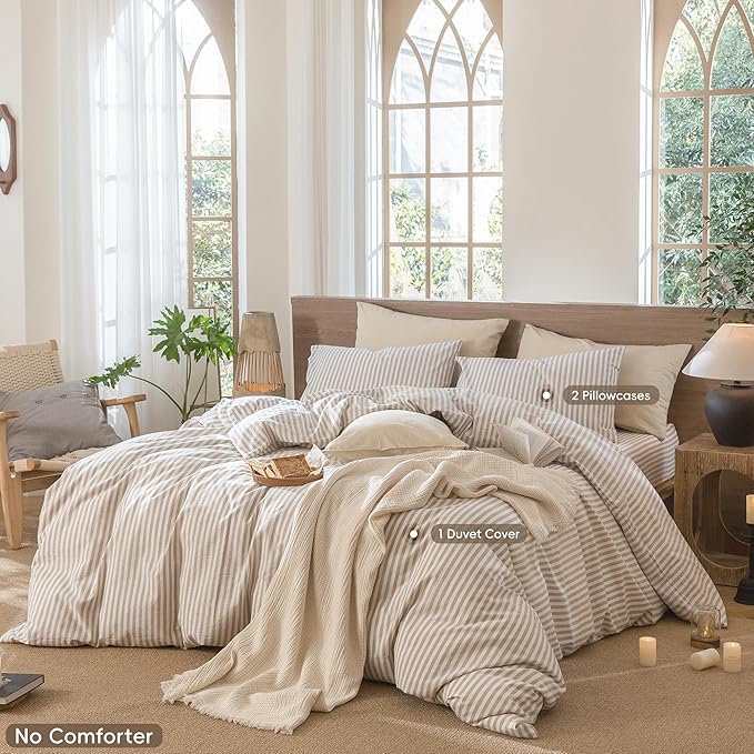 MooMee Striped Duvet Cover Set 100% Washed Cotton Linen Like Super Queen | Relaxed Linen-like Texture. Soft, Breathable & Long-lasting Comfort. Lightweight. Hidden Zipper with 8 Interior Corner Ties