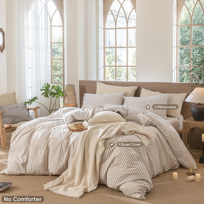 MooMee Striped Duvet Cover Set 100% Washed Cotton Linen Like Full | Relaxed Linen-like Texture. Soft, Breathable & Long-lasting Comfort. Lightweight. Hidden Zipper with 8 Interior Corner Ties