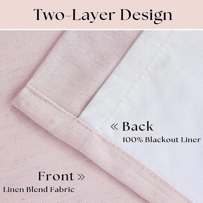 Light Pink Pinch Pleated Linen Blackout Curtains 90 Inches Long for Bedroom | 100% Black Out Thermal Insulated, Pinch Pleat with Ring Hooks Back Tab, Room Darkening Drapes with Liner, for Girls Nursery