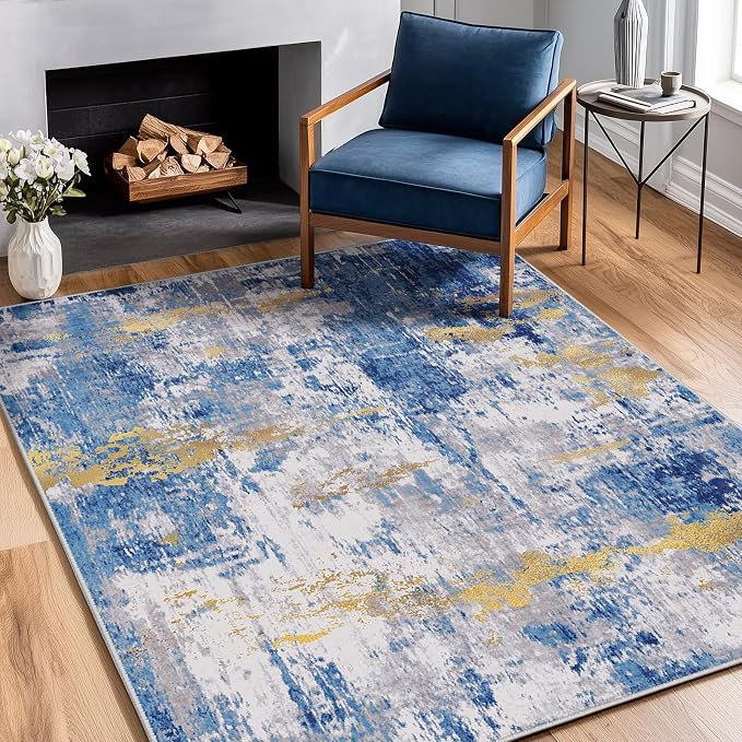 RELEANY Washable 3'x5' Abstract Area Rug for Living Room Blue Gold | Carpet for Bedroom, Kitchen, Office, Hallway and Entryway, Printed Pattern, Non‑Slip, Soft, Stain‑Resistant, Easy to Clean