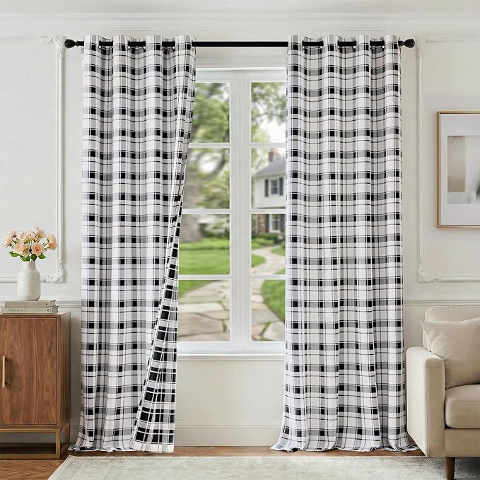 Beauoop Black White Plaid Jacquard Blackout Curtains Bedroom 52x63 2 Panels | Gingham Checkered Buffalo Room Darkening Drapes for Living Room 63 Inch Long Thermal Soundproof Window treatment Grommet