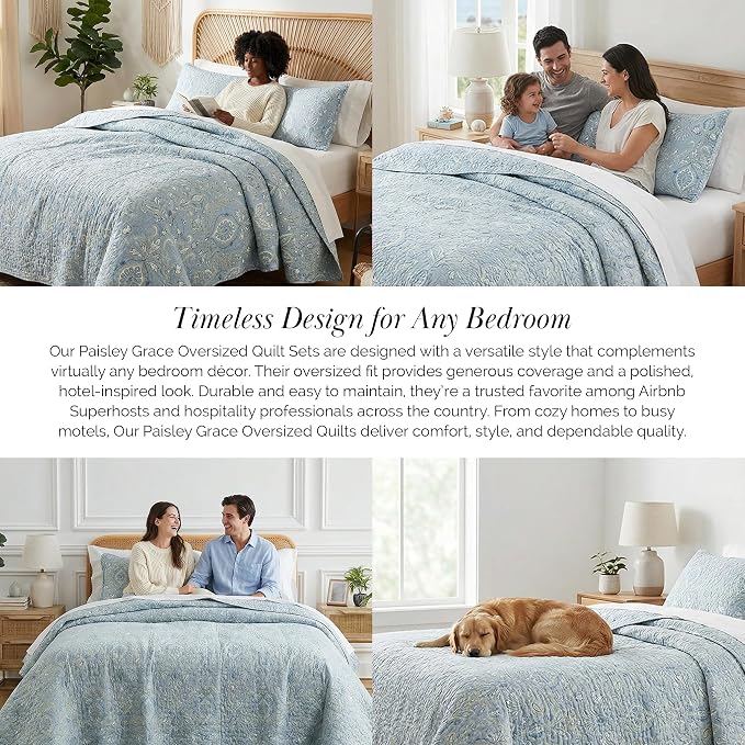 Southshore Fine Living, Inc. Farmhouse Quilts Queen Size, Quilt Bedding Set, Lightweight Coverlet Bedspread Full Size, 3-Piece Boho Quilt Set with Two Matching Pillow Shams, Full/Queen, Blue Paisley