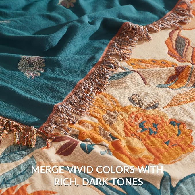 Boho Throw Blanket for Couch Sofa Bed, 100% Cotton Woven Quilt with Tassel 90”x98”, Super Soft Muslin Blanket with Floral Printed, Decorative Reversible Bed Blanket/Cover for All Seasons
