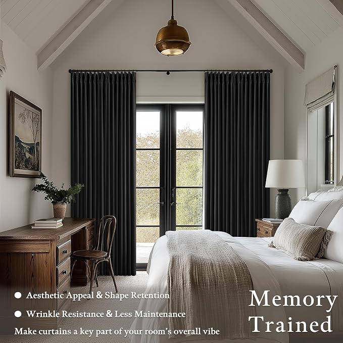 Black 120 Inch Pinch Pleated 100% Blackout Curtains with Liner 2 Panels Set | Thick Linen Textured, Energy Saving, Soundproof, Light UV Blocking, Thermal Insulated Curtain for Living Dining Room Bedroom