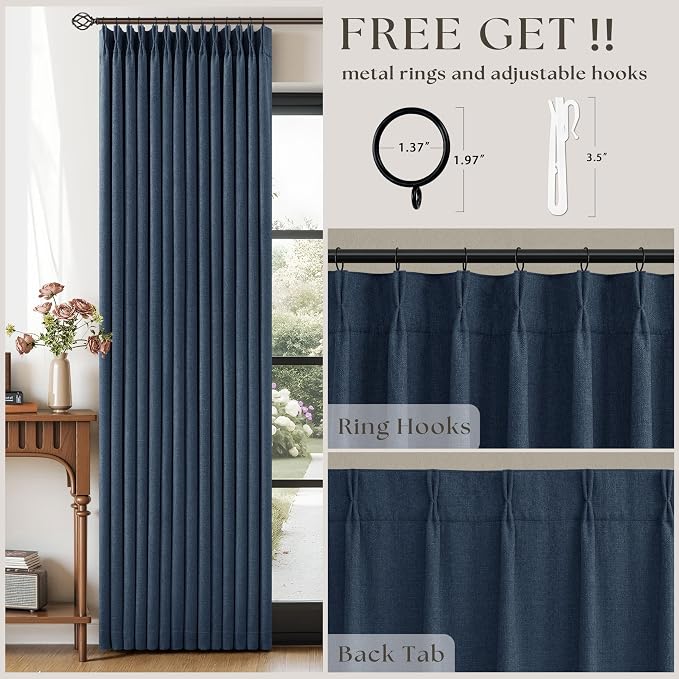 Navy Blue 84 Inch Pinch Pleated Blackout Textured Linen Curtains 2 Panels | Black Out Memory Trained Drapes, Double Layer, Room Darkening Thermal Insulated, for Bedroom, Pinch Pleat with Hooks Rings