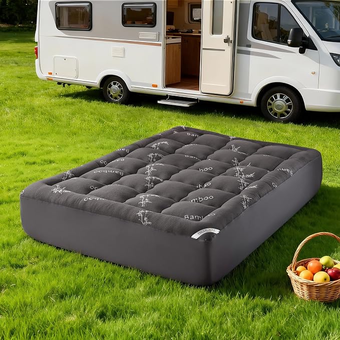 BEDLORE RV Queen Mattress Topper Viscose Bamboo, Pillow Top Mattress Pad | Stretchable Pockets Fit 6”-18” Mattress, Soft Breathable Thick Mattress Topper for Back Pain Relief & Hot Sleepers(Dark Gray)