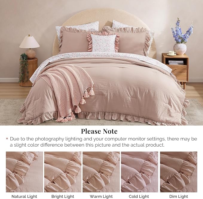 Queen Comforter Set-7 Pieces Ruffle Bedding with Floral Sheet | Pink Bed in a Bag, Soft Lightweight All Season Farmhouse Queen Bedding Sets with Floral Sheets, Pillowcases & Shams