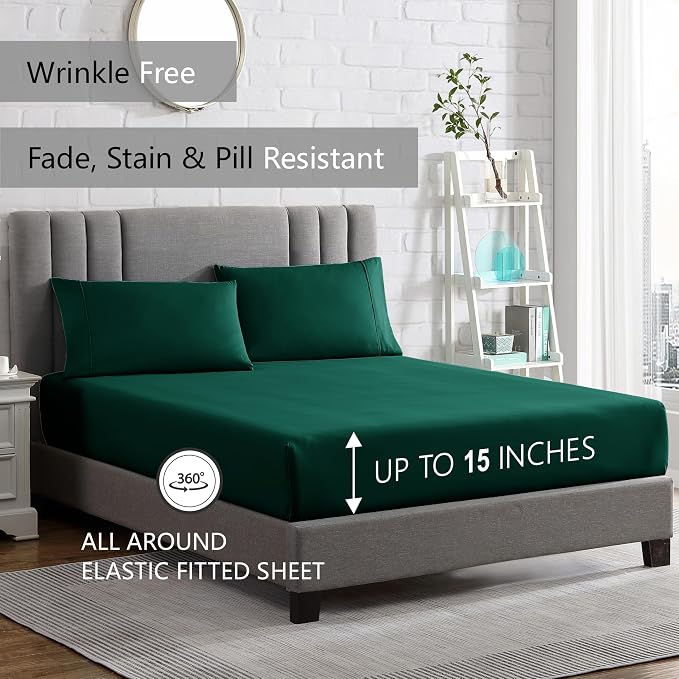 American Home Collection Twin Sheet Set - Ultra-Soft Microfiber 15-Inch Deep Pocket - Wrinkle Free and Fade Resistant (Emerald Green)