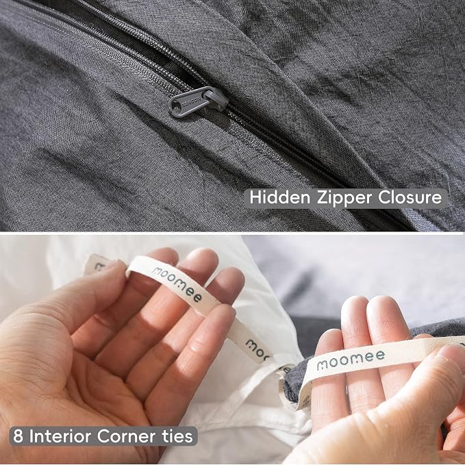 MooMee Duvet Cover Set 100% Washed Cotton Linen Like Super Queen | Relaxed Linen-like Texture. Soft, Breathable & Long-lasting Comfort. Lightweight. Hidden Zipper with 8 Interior Corner Ties