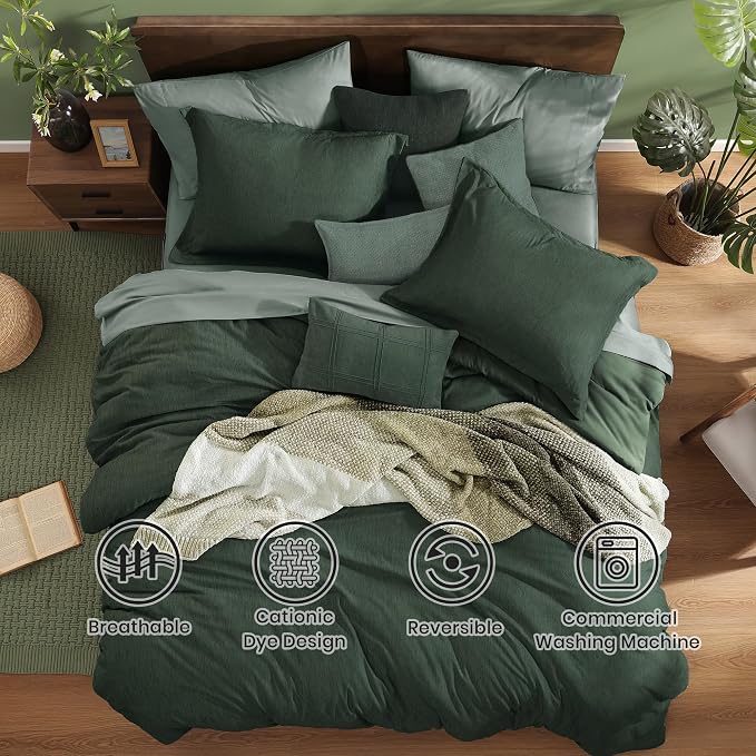 Monbix Oversized Queen Comforter Set Deep Forest 7 Pieces Bed in a Bag | Cationic Dyeing Reversible All Season Bedding Sets with Comforter, Sheets, Pillowcases & Shams