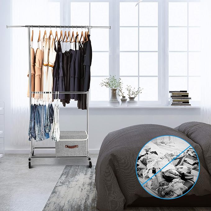 Simple Trending Clothing Garment Rack, Extensible Clothes Rack, Chrome | Double Rod Portable Closet, Adjustable Middle Rod, Bottom Shelf, Multiple Uses, 360° Wheels, Bedroom, Laundry Room