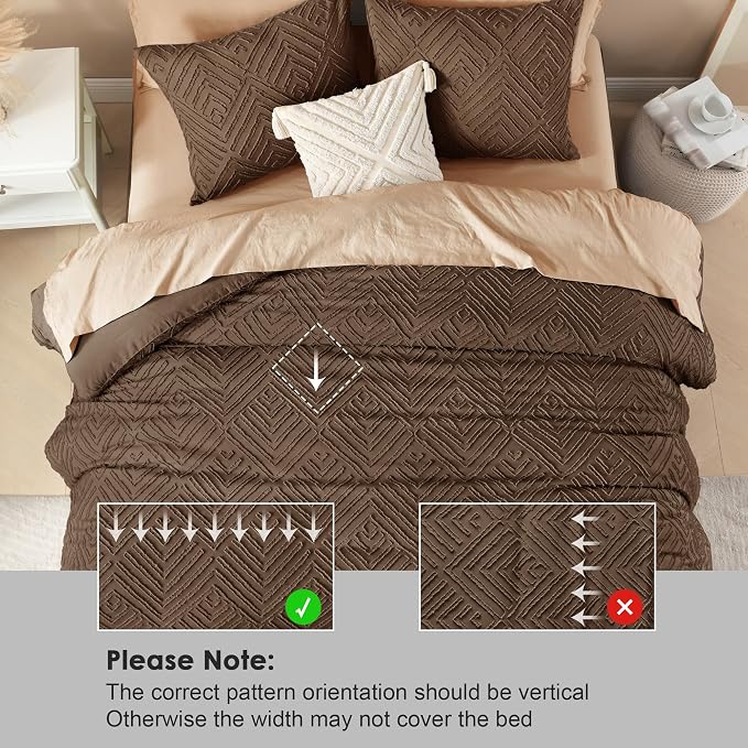 Litanika King Size Comforter Set, 3 Pieces Brown Tufted Boho Bedding Set | Farmhouse Shabby Chic Vintage Bohemian Textured Aesthetic Soft Fluffy Lightweight Breathable All Season Bed Set for King Bed