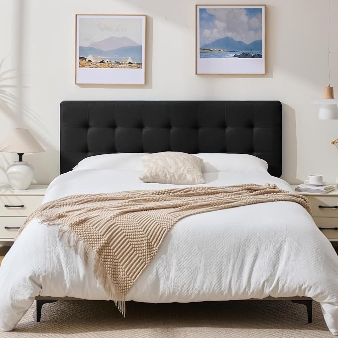 Linen Stitched Tufted King Headboard, Adjustable Height 37.2-42.3 in, Black | Wood Twin Headboard Only, Padded Support for Reading, Relaxing or Working in Bed, Stable Non-Slip Design, Fits Bed Frame