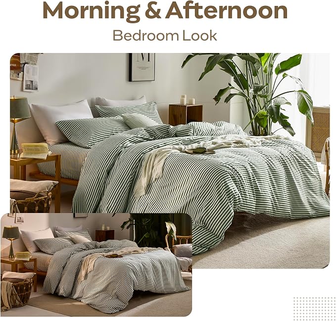 JELLYMONI 100% Cotton Classic Striped King Duvet Cover Set, Green/White | Breathable Softness, Oeko-Tex Certified, Classic Stripes, 8 Corner Ties & Double Hidden Zipper