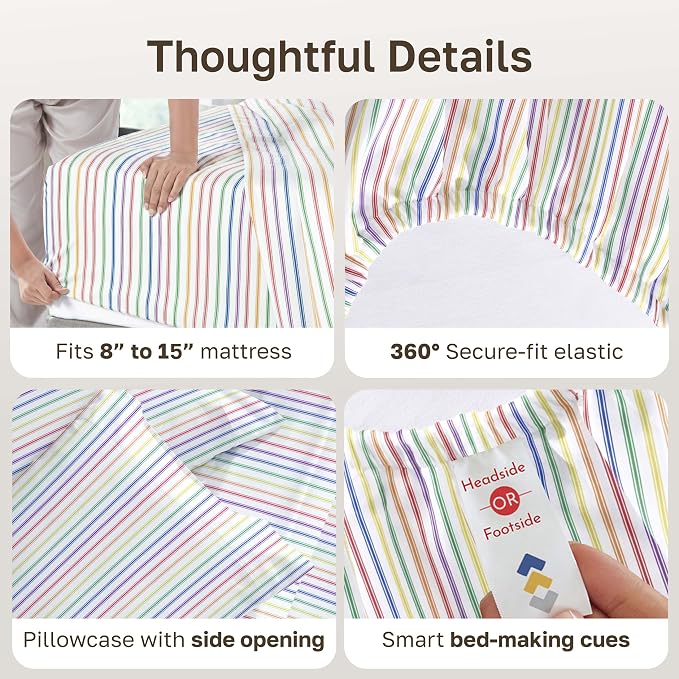California Design Den Soft 100% Cotton Sateen Extra Long Twin Sheets, 3 Pcs | 400 Thread Count Backed by Good Housekeeping Seal, All-Around Elastic, Durable, Easy Care, 3 Pc Set - Rainbow Stripe Print