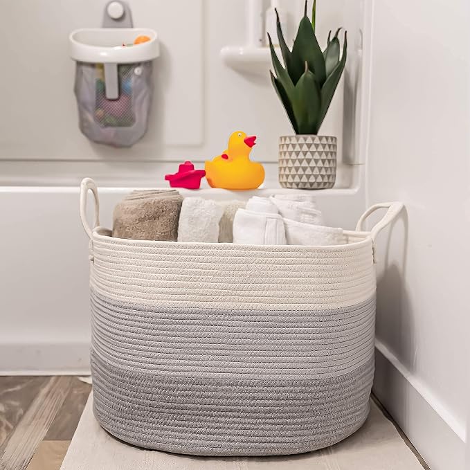 OrganiHaus Round Toy Basket & Blanket Basket, Cotton Rope 20x13" | 3-Toned Gray - Round Cotton Rope Basket, 20x13"