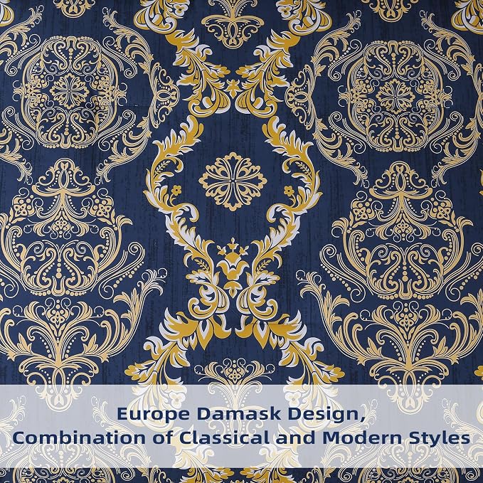 WONGS BEDDING Blue Gold Comforter Set King Size, Damask Texture 7 Pieces Bed in a Bag Microfiber Comforter Bedding Sets -1 Comforter, 1 Flat Sheet, 1 Fitted Sheet, 2 Pillow Shams, 2 Pillowcases