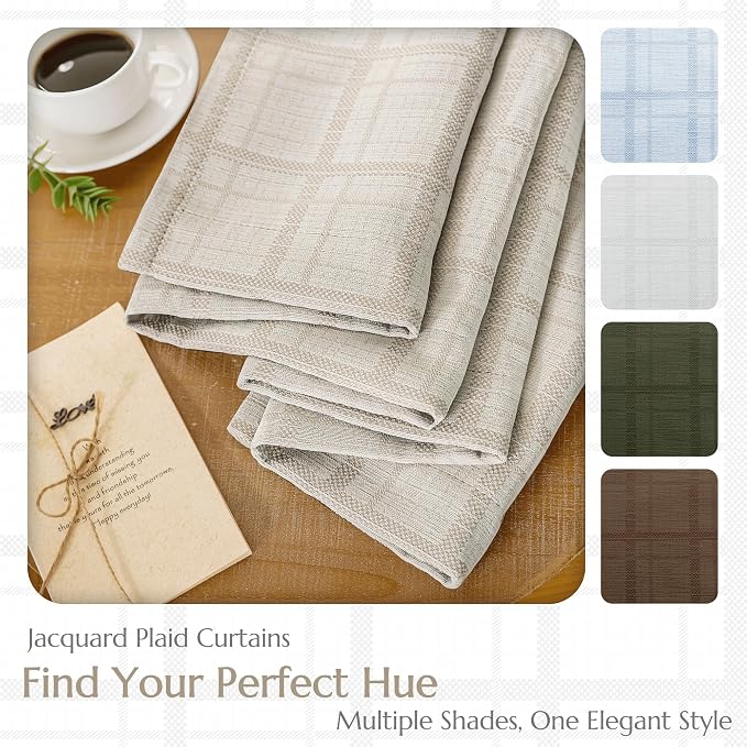 Beauoop Beige Plaid Jacquard Blackout Curtains for Bedroom 52x63 2 Panels | Gingham Checkered Room Darkening Drapes for Living Room 63 Inch Long Thermal Insulated Soundproof Window treatment Grommet