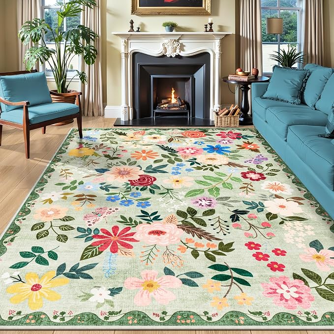 PLHXFR 8x10 Area Rug Living Room: Floral Washable Boho Soft Carpet Green | For Bedroom Dining Room Farmhouse Nursery Hallway,Vintage Floral,Machine washable,Non Slip,Stain Resistant,Large Indoor
