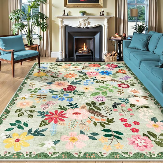 PLHXFR 8x10 Area Rug Living Room: Floral Washable Boho Soft Carpet Green | For Bedroom Dining Room Farmhouse Nursery Hallway,Vintage Floral,Machine washable,Non Slip,Stain Resistant,Large Indoor