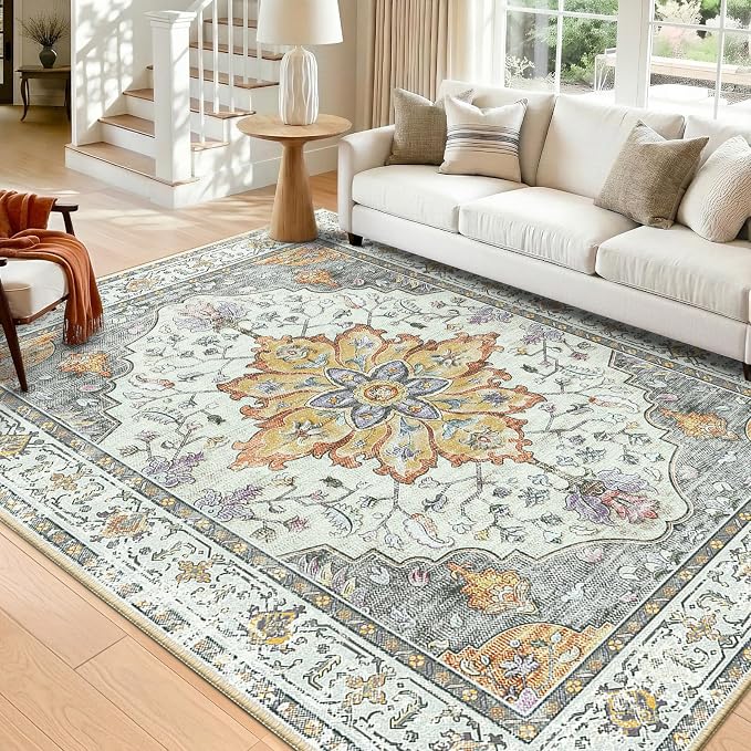 RELEANY Washable Area Rug, 5'x7', Beige/Carbon Grey/Orange | Non-Slip, Water Repellent, Pet Friendly, Easy to Clean, Vintage Floral Boho Decor for Living Room Bedroom Dining Room Office