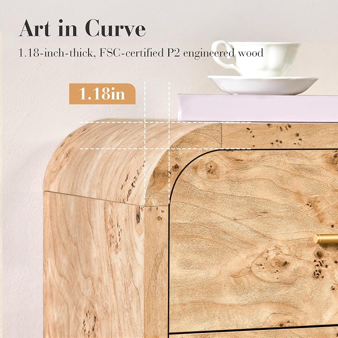 Curved 9-Drawer Dresser for Bedroom, 63" Wide Modern Chest of Drawers, Vanity Desk TV Stand for Living Room, Closet Storage Drawers Organizer Furniture, Nursery, Hallway, Light Burl