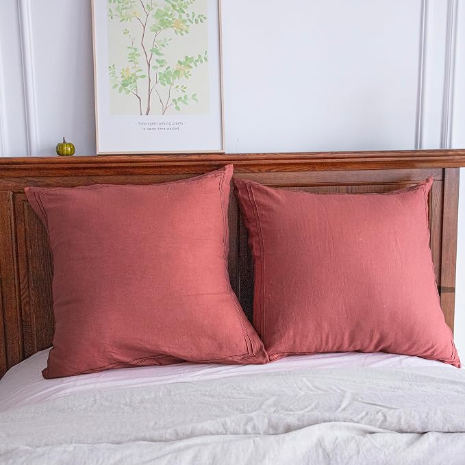 Simple&Opulence 100% French Linen Euro Shams with Embroidery (26'' x 26'') - Pack of 2 - Pre Washed Solid Color Natural Flax Soft Breathable - Coral Red