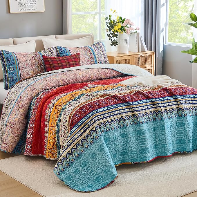WONGS BEDDING Boho Quilt Calking Size,3 Pcs Bedding Set,Blue Beige | Colorful Bohemian Striped Printed Bedspread for All Season, Lightweight Microfiber Coverlet Set with 2 Pillowcases (106"x96")