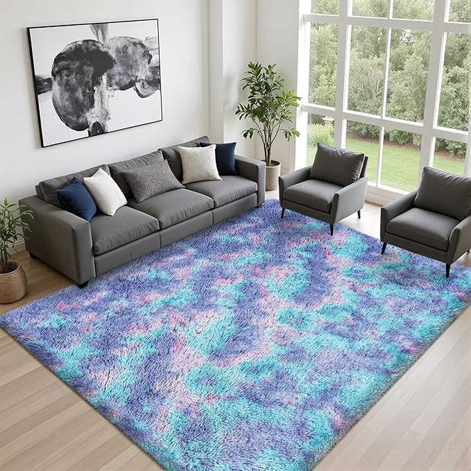 9x12 Area Rug Living Room Bedroom: Fluffy Plush Shag Carpet Rainbow