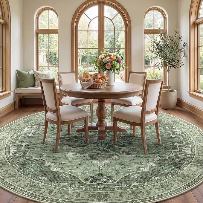 RELEANY Washable Area Rug, Round 8ft, Green/Dark Green/Gray | Non-Slip, Water Repellent, Pet Friendly, Easy to Clean, Vintage Floral Boho Decor for Living Room Bedroom Dining Room