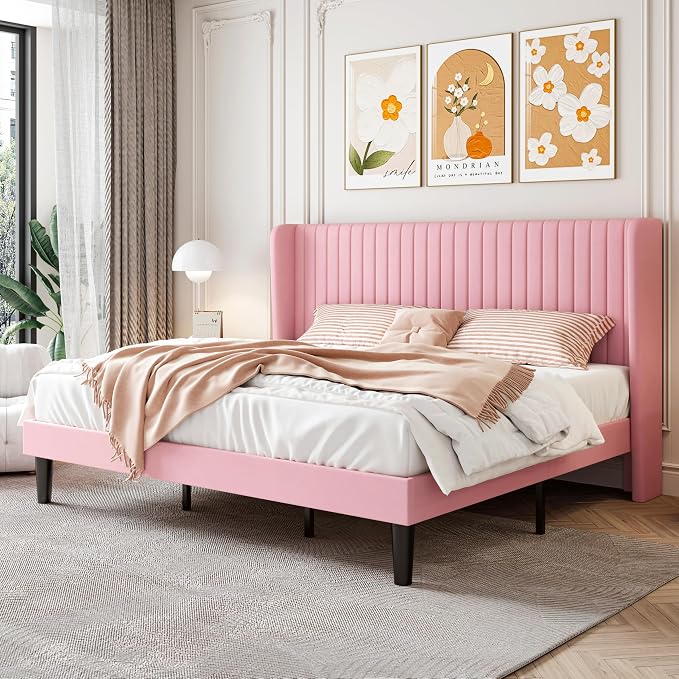 SHA CERLIN King Size Velvet Bed Frame, Tufted Wingback Headboard, Pink | 47'' Modern Vertical Channel Headboard, Upholstered Platform Bed, Wood Slats, No Box Spring Needed, Easy Assembly, Noise Free