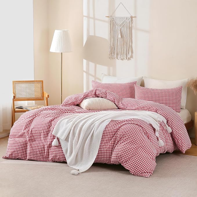 TOCOMOA Red Gingham Duvet Cover Set 100% Washed Cotton Like Linen, Queen | Linen-Like Feel Soft, Breathable & Comfy for All Season. Lightweight Bedding Set with Zipper & 8 Ties. 3 Pcs, No Insert