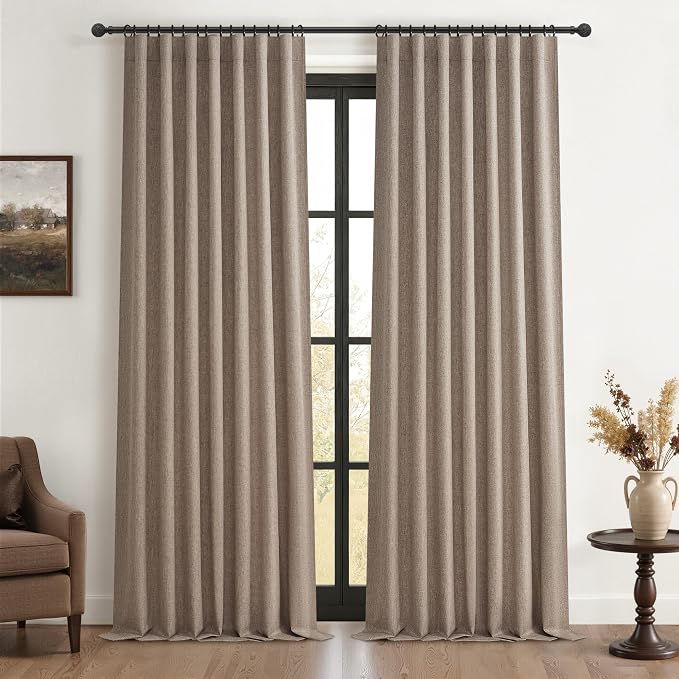 60 Inch Extra Wide Dark Flax Blackout 96 Inches Long Linen Dining Room/Bedroom Curtains,Winter Pleated Room Darkening 8FT Heavy Curtain Boho Thermal Insulated Drapes (60"Wx96"Lx2Panels&Hooks)