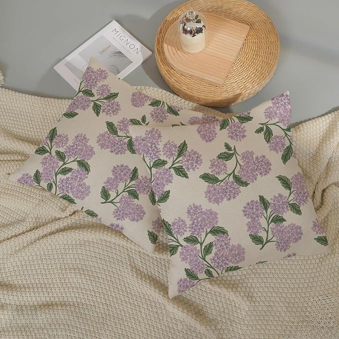 Purple Pink Spring Pillow Covers 16x16 Inch 2 Pcs Green Hydrangea Flower Decor Throw Pillows Vintage Floral Seasonal Summer Outdoor Decoration Pillowcase Linen Cushion Cover for Couch Sofa