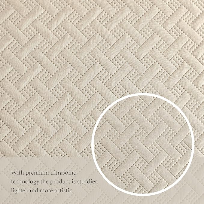 FLYMME Beige Twin Quilt Bedding Set Thin Lightweight Bedspreads,Modern Style Geometric Weave Stripe Pattern,Soft Microfiber Bed Coverlet for All Season (1 Quilt, 1 Sham)