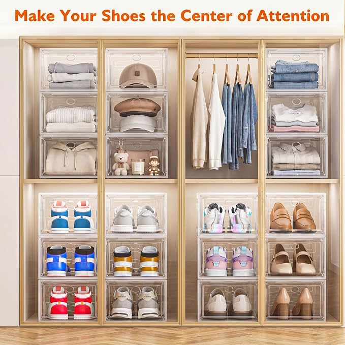 Sturdy Clear Shoe Organizer with Magnetic Door, Stackable Shoe Storage Box | Thick Plastic Shoe Storage for Sneakers & Boots, Collapsible Closet Shoe Rack and Clear Shoe Box, 6 Pack White