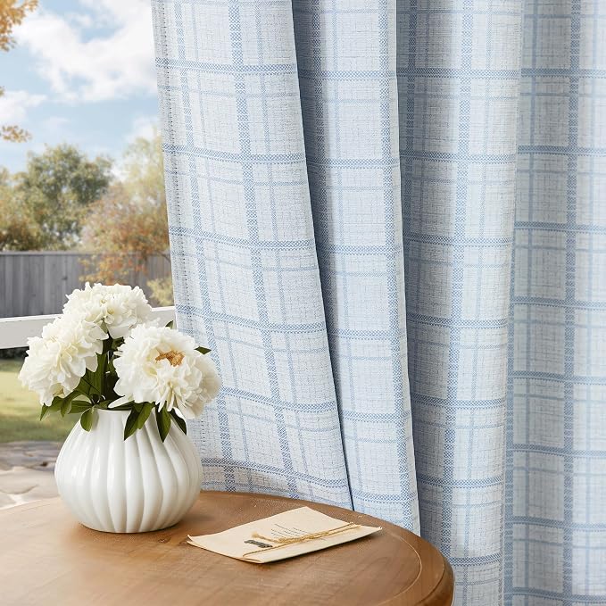 Beauoop Blue Plaid Jacquard Blackout Curtains for Bedroom 52x72 2 Panels | Gingham Checkered Room Darkening Drapes for Living Room 72 Inch Long Thermal Insulated Soundproof Window treatment Grommet