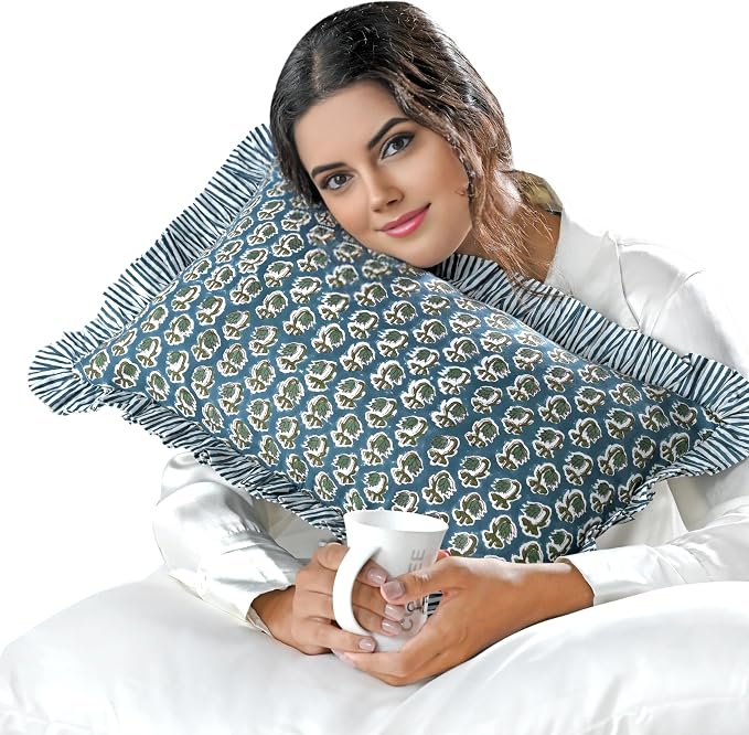 Ridhi Block Print Peacock Blue Ruffle Lumbar Pillow Shams, 20" x 12" Set-1 | 100% cotton, Floral Pillowcase, Cushion Cover, Hidden Zipper, Cottagecore Bedding, farmhouse boho style, fits couch, sofa,Bed