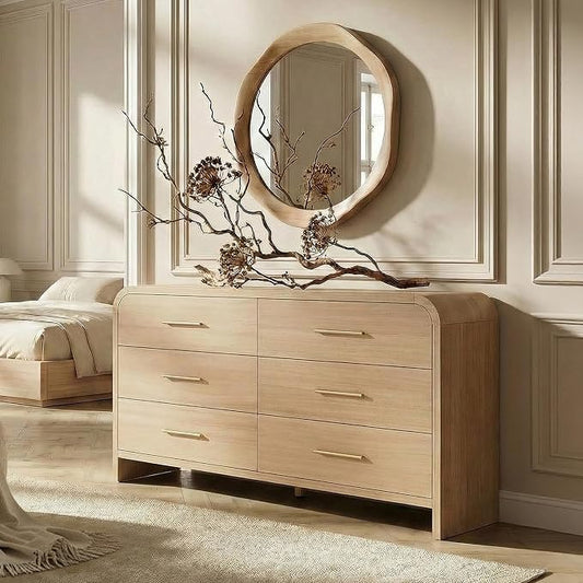 Curved 6-Drawer Dresser for Bedroom, 54" Wide Modern Chest of Drawers, Vanity Desk TV Stand for Living Room, Closet Storage Drawers Organizer Furniture, Nursery, Hallway, Gray Oak