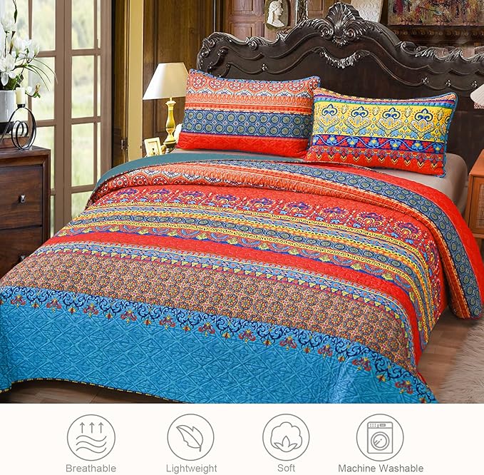 Exclusivo Mezcla Reversible Boho Quilts Twin Size Blue | Lightweight Soft Bedspreads, All Season Bohemian Coverlet Bedding Set, Printed Floral Pattern, 1 Quilt and 1 Pillow Sham
